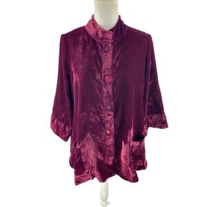April Cornell XS Burgundy Crushed Velvet 3/4 Sleeve Blouse‎ Jacket Pockets Boho